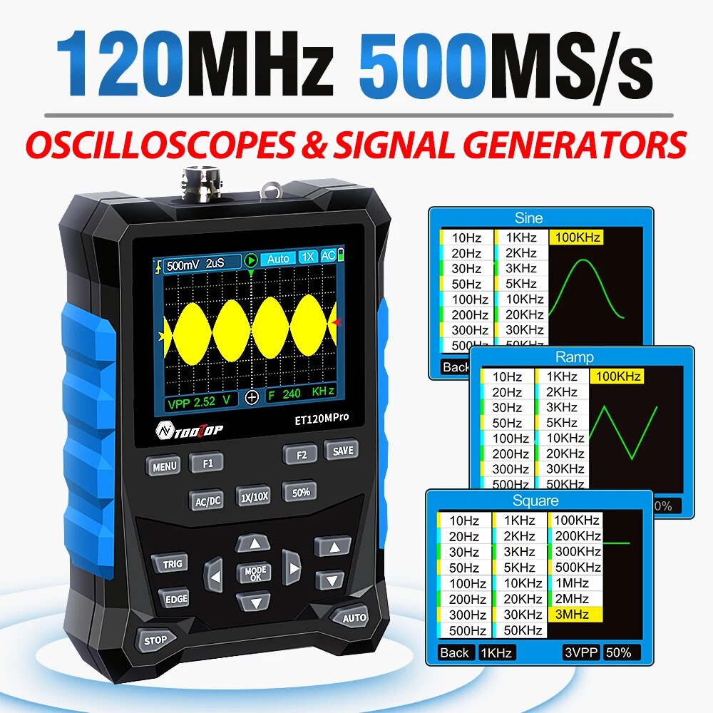 Digital Storage Oscilloscope 100Mhz - TOOLTOP ET120MPro taşınabilir 120MHz 500 MS/s